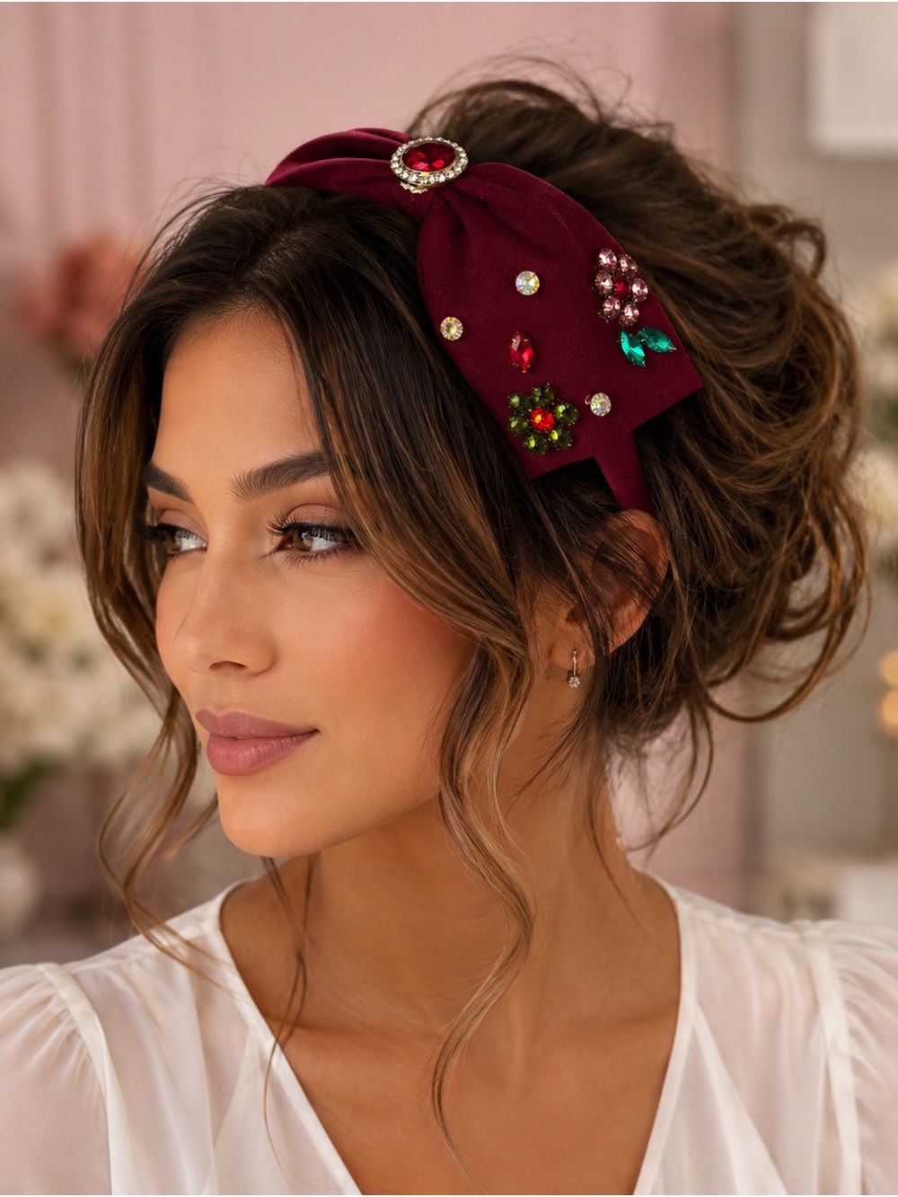 Embellished Burgundy Bow Headband - Women Accessories